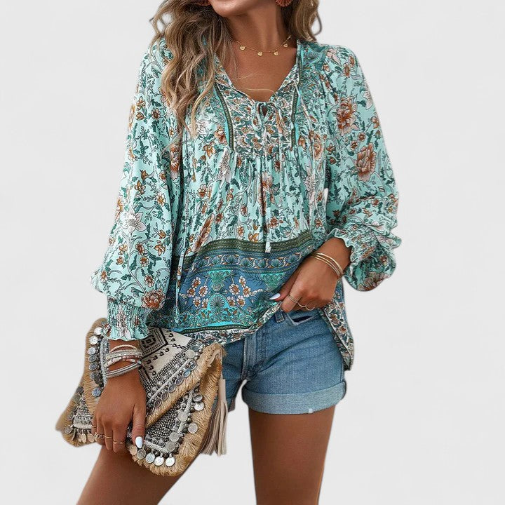 Wren | Floral Boho Print Smocked Tie Neck Puff Sleeve Blouse