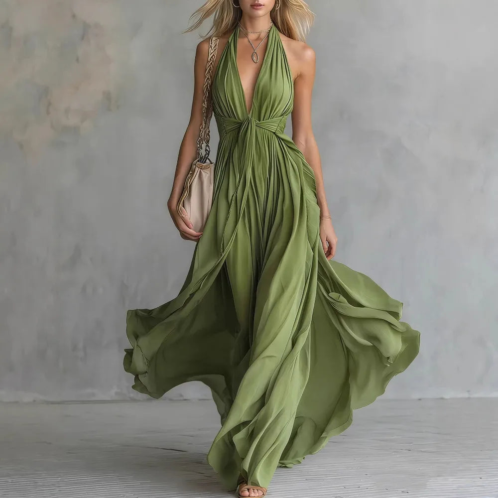 Seraphina | Women's Halter Plunge Flowy Chiffon Maxi Dress