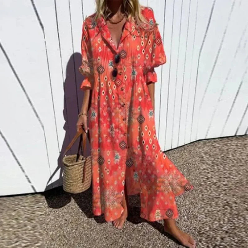 Catherine | Long Sleeve Floral Button Front Tiered Boho Maxi Summer Dress