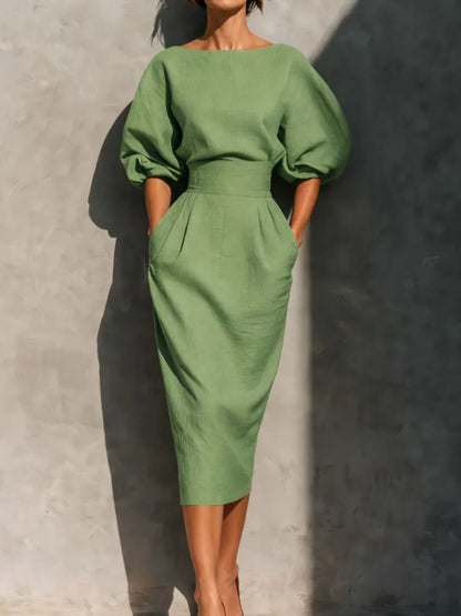 Bailey | Women's Elegant Pleated Lantern Sleeve Linen Blend Midi Dress