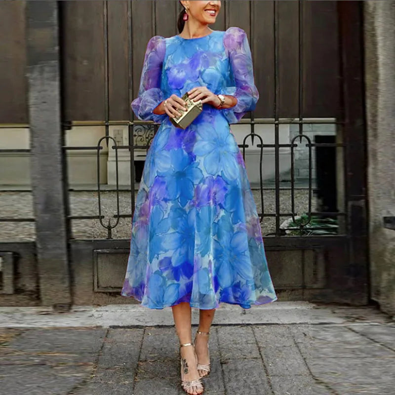 Blair | Floral Print Long Sleeve Flowing Midi Wedding Guest Dress