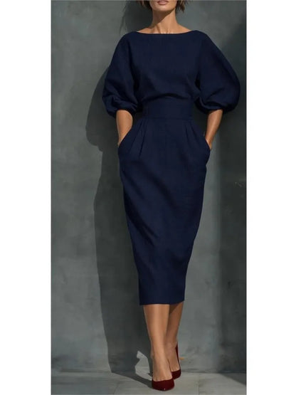 Bailey | Women's Elegant Pleated Lantern Sleeve Linen Blend Midi Dress