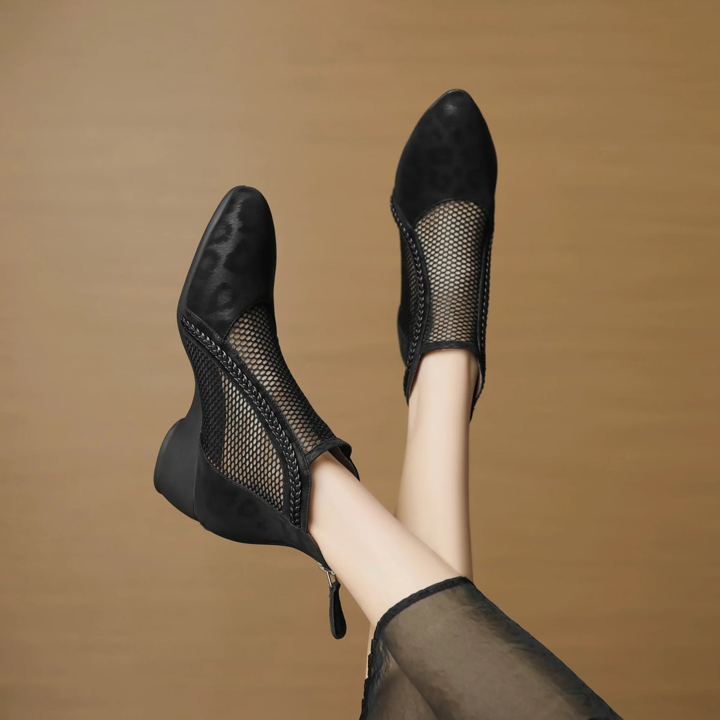 Corentine | Women's Leopard Print Mesh Panel Block Heel Ankle Boot