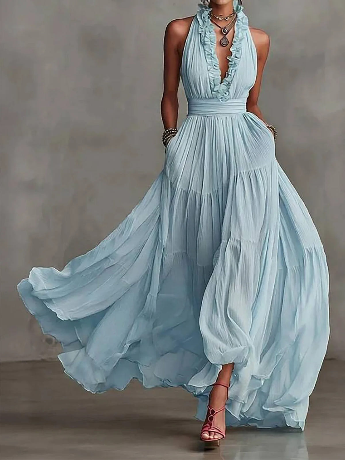 Serena | Women's Halter Neck Ruffle Trim Plunge Maxi Dress