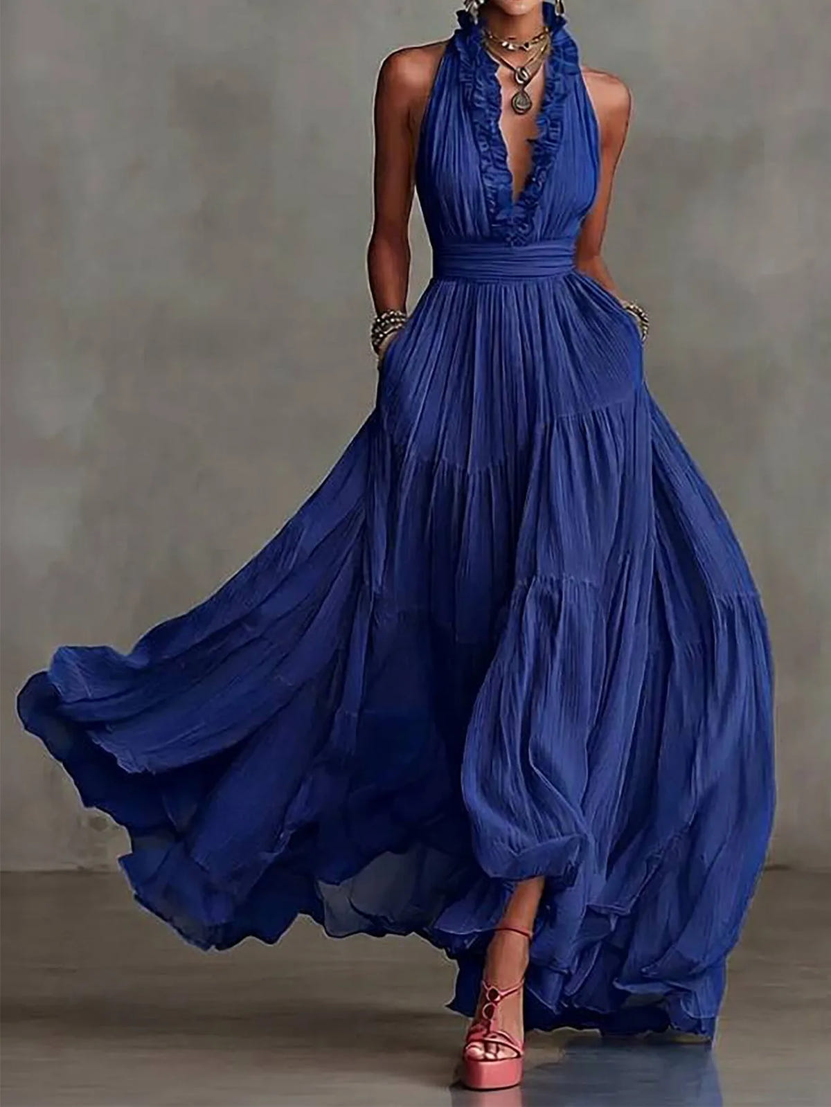 Serena | Women's Halter Neck Ruffle Trim Plunge Maxi Dress