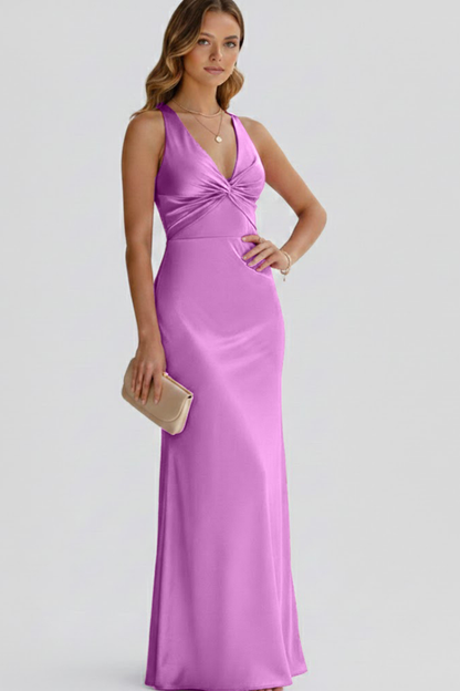 Bianca | Deep V Neck Twisted Knot Halter Satin Bodycon Elegant Maxi Dress