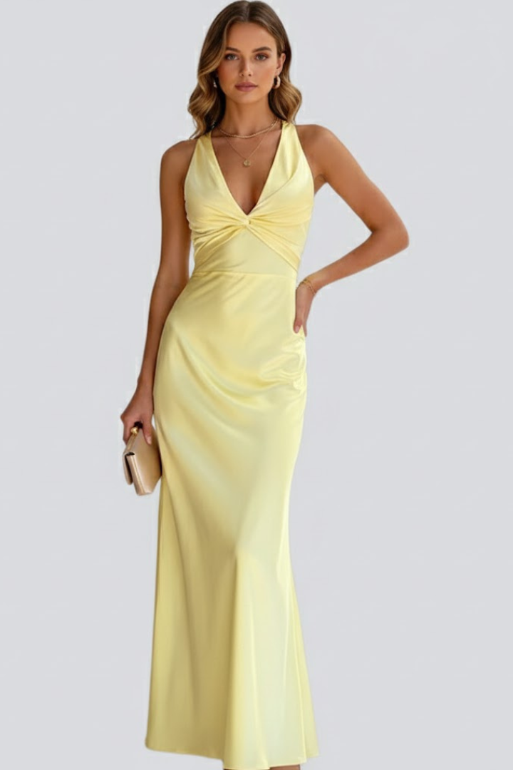 Bianca | Deep V Neck Twisted Knot Halter Satin Bodycon Elegant Maxi Dress