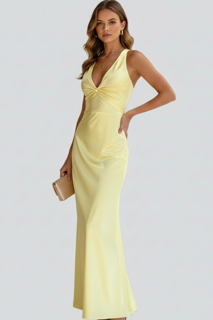 Bianca | Deep V Neck Twisted Knot Halter Satin Bodycon Elegant Maxi Dress