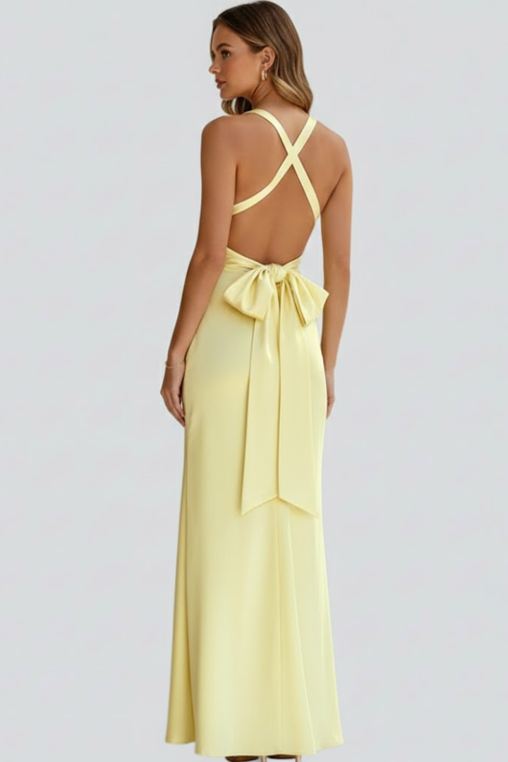 Bianca | Deep V Neck Twisted Knot Halter Satin Bodycon Elegant Maxi Dress