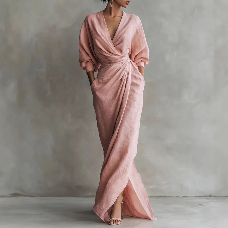 Nadia | Long Sleeve Deep V Neck Wrap Twist Waist Maxi Formal Dress
