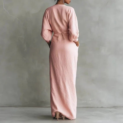 Nadia | Long Sleeve Deep V Neck Wrap Twist Waist Maxi Formal Dress