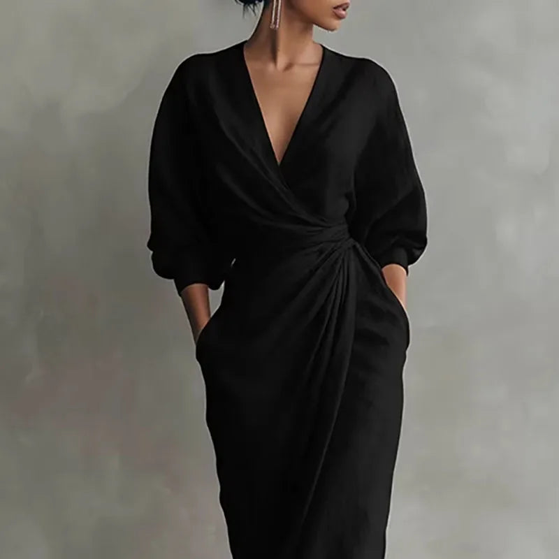 Nadia | Long Sleeve Deep V Neck Wrap Twist Waist Maxi Formal Dress