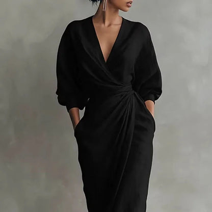 Nadia | Long Sleeve Deep V Neck Wrap Twist Waist Maxi Formal Dress