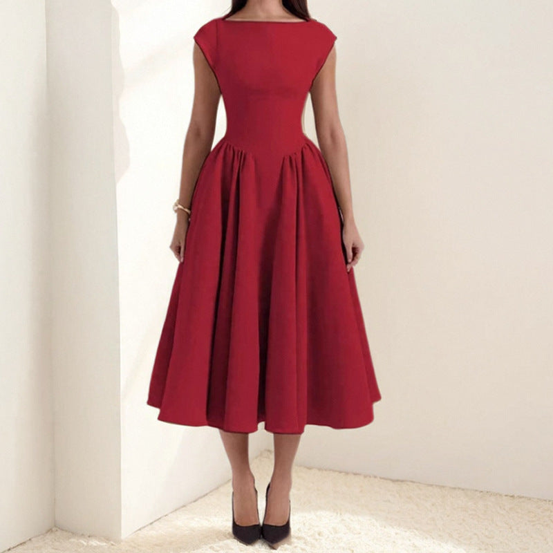 Vivienne | Boat Neck Cap Sleeve Pleated Full Skirt Elegant Midi Dress