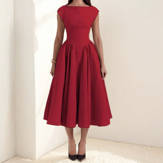 Vivienne | Boat Neck Cap Sleeve Pleated Full Skirt Elegant Midi Dress