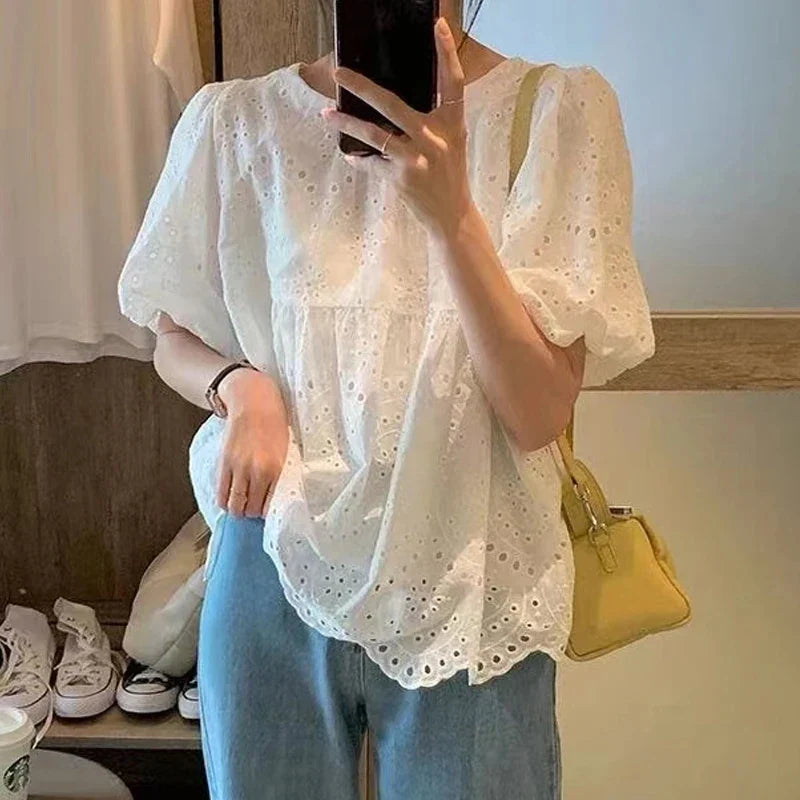 Marcia | Puff Sleeve Broderie Anglaise Loose Relaxed Blouse