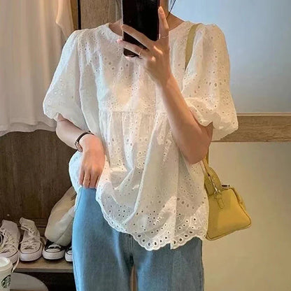 Marcia | Puff Sleeve Broderie Anglaise Loose Relaxed Blouse