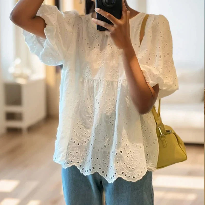Marcia | Puff Sleeve Broderie Anglaise Loose Relaxed Blouse