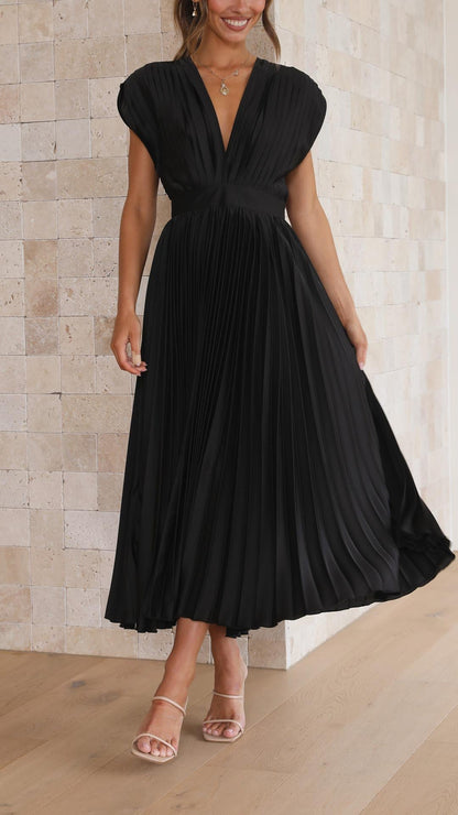 Ella | Satin Accordion Pleated Deep V Neck Midi Wedding Guest Dress