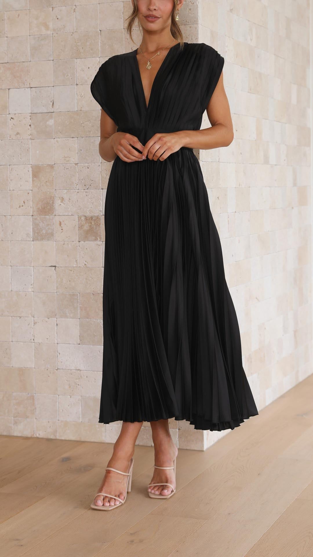 Ella | Satin Accordion Pleated Deep V Neck Midi Wedding Guest Dress