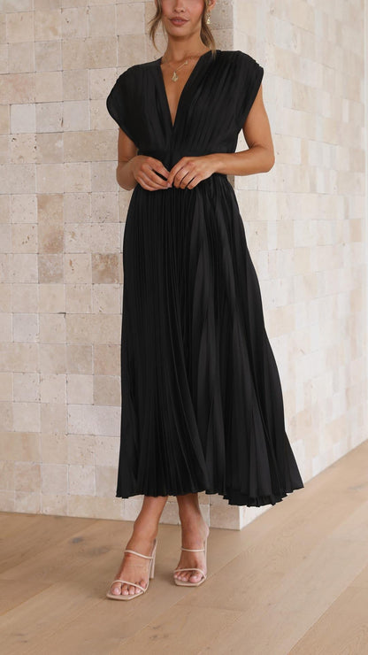 Ella | Satin Accordion Pleated Deep V Neck Midi Wedding Guest Dress