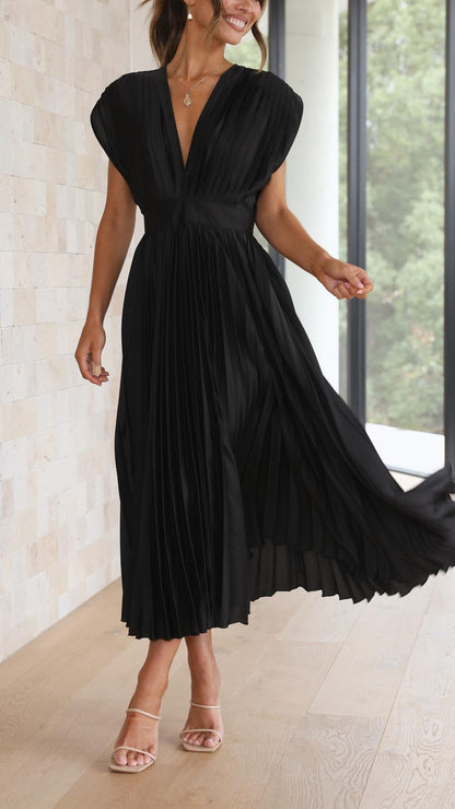 Ella | Satin Accordion Pleated Deep V Neck Midi Wedding Guest Dress