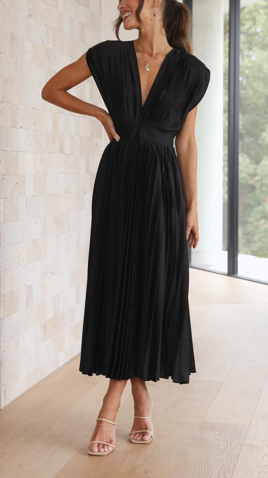 Ella | Satin Accordion Pleated Deep V Neck Midi Wedding Guest Dress