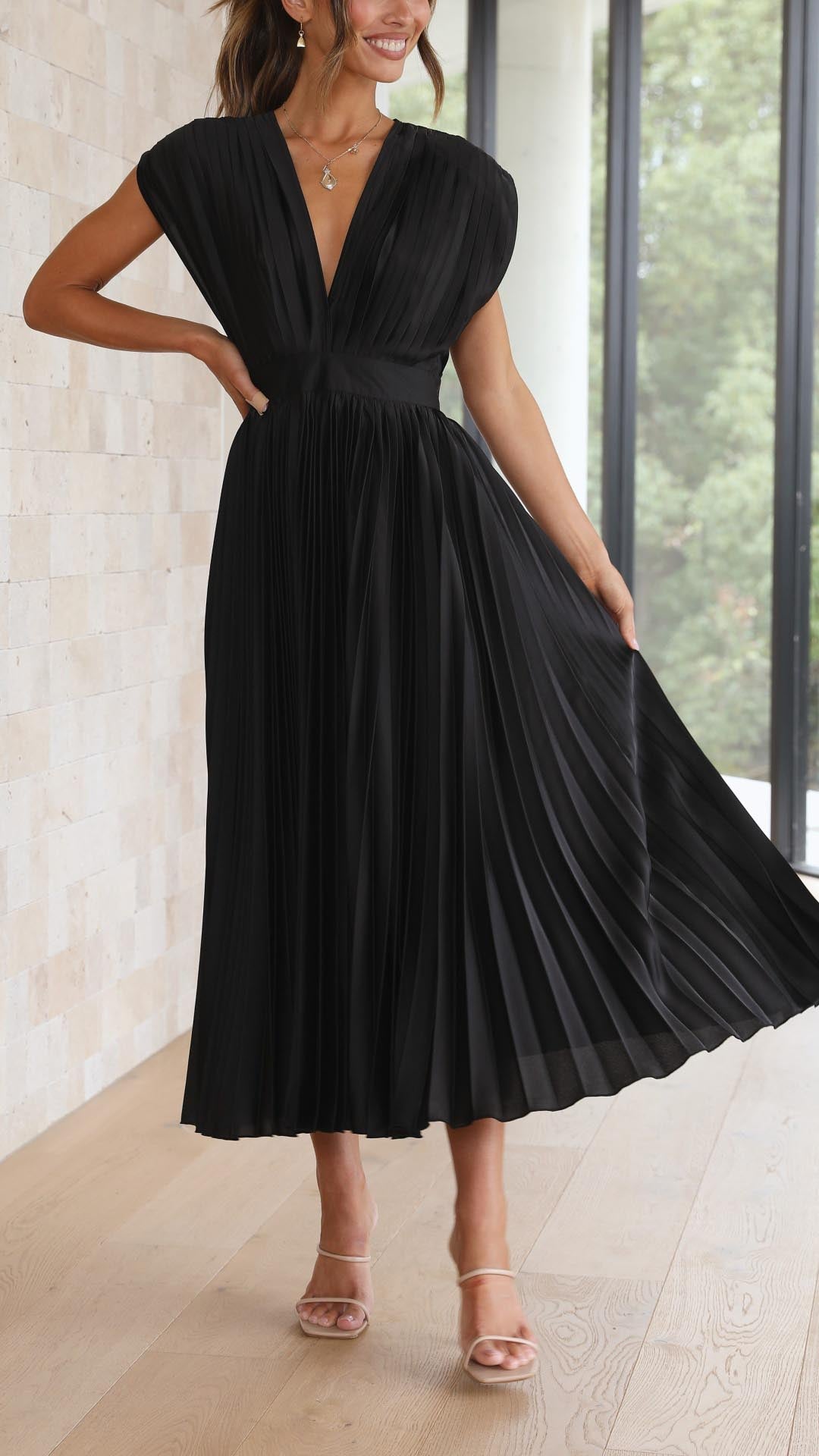 Ella | Satin Accordion Pleated Deep V Neck Midi Wedding Guest Dress