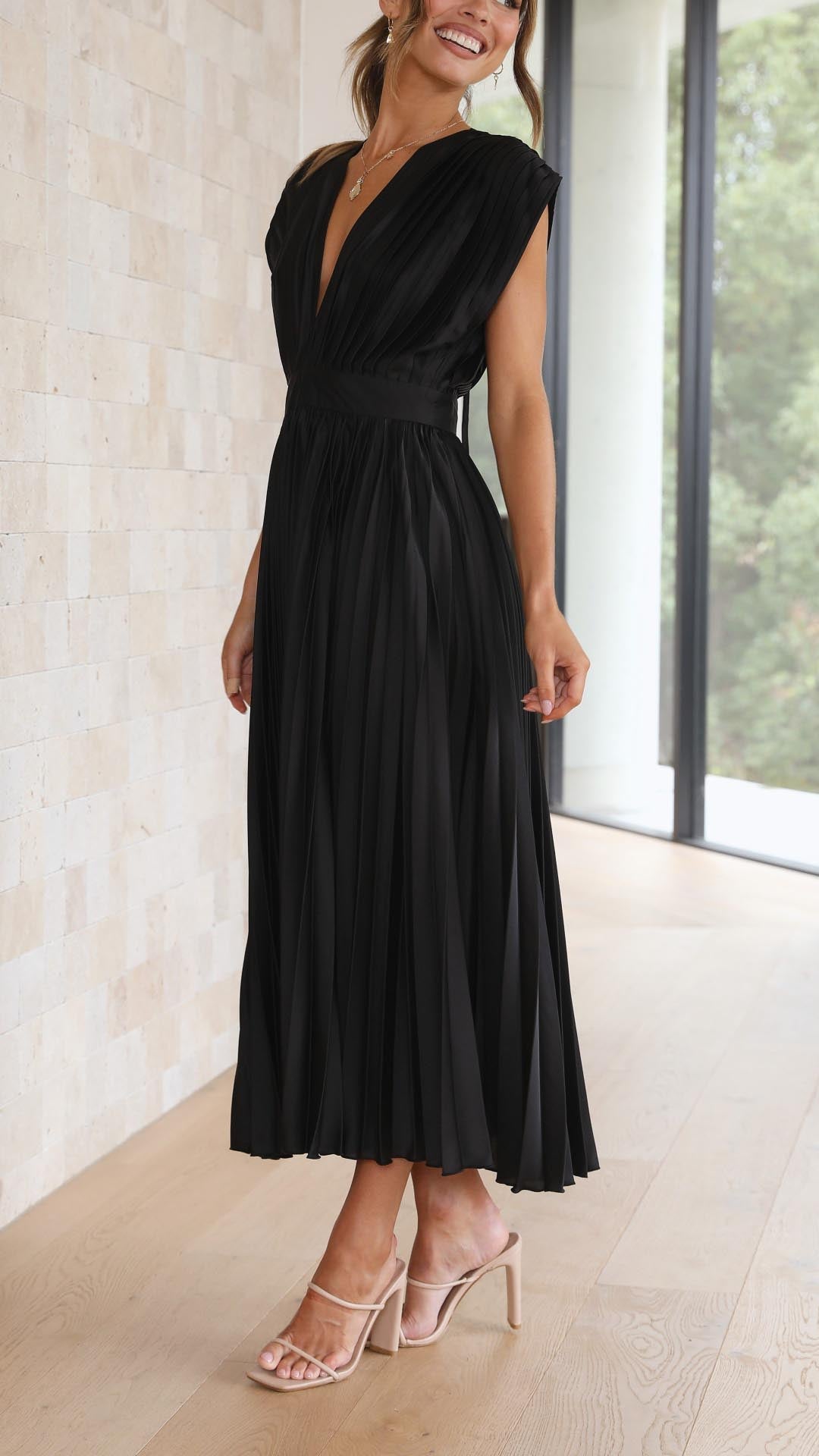 Ella | Satin Accordion Pleated Deep V Neck Midi Wedding Guest Dress