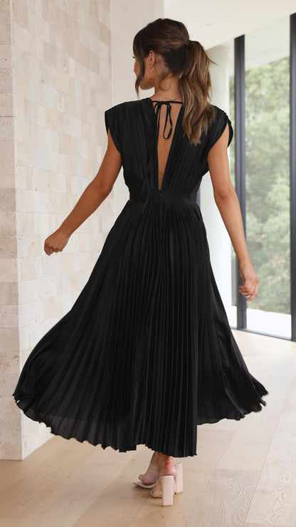 Ella | Satin Accordion Pleated Deep V Neck Midi Wedding Guest Dress