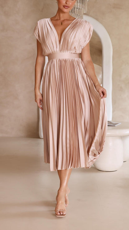 Ella | Satin Accordion Pleated Deep V Neck Midi Wedding Guest Dress
