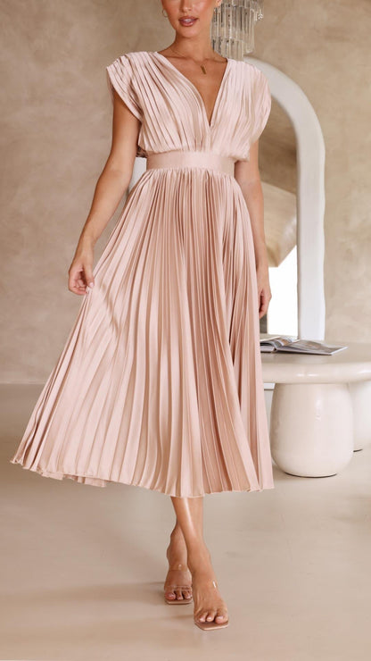 Ella | Satin Accordion Pleated Deep V Neck Midi Wedding Guest Dress