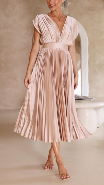Ella | Satin Accordion Pleated Deep V Neck Midi Wedding Guest Dress