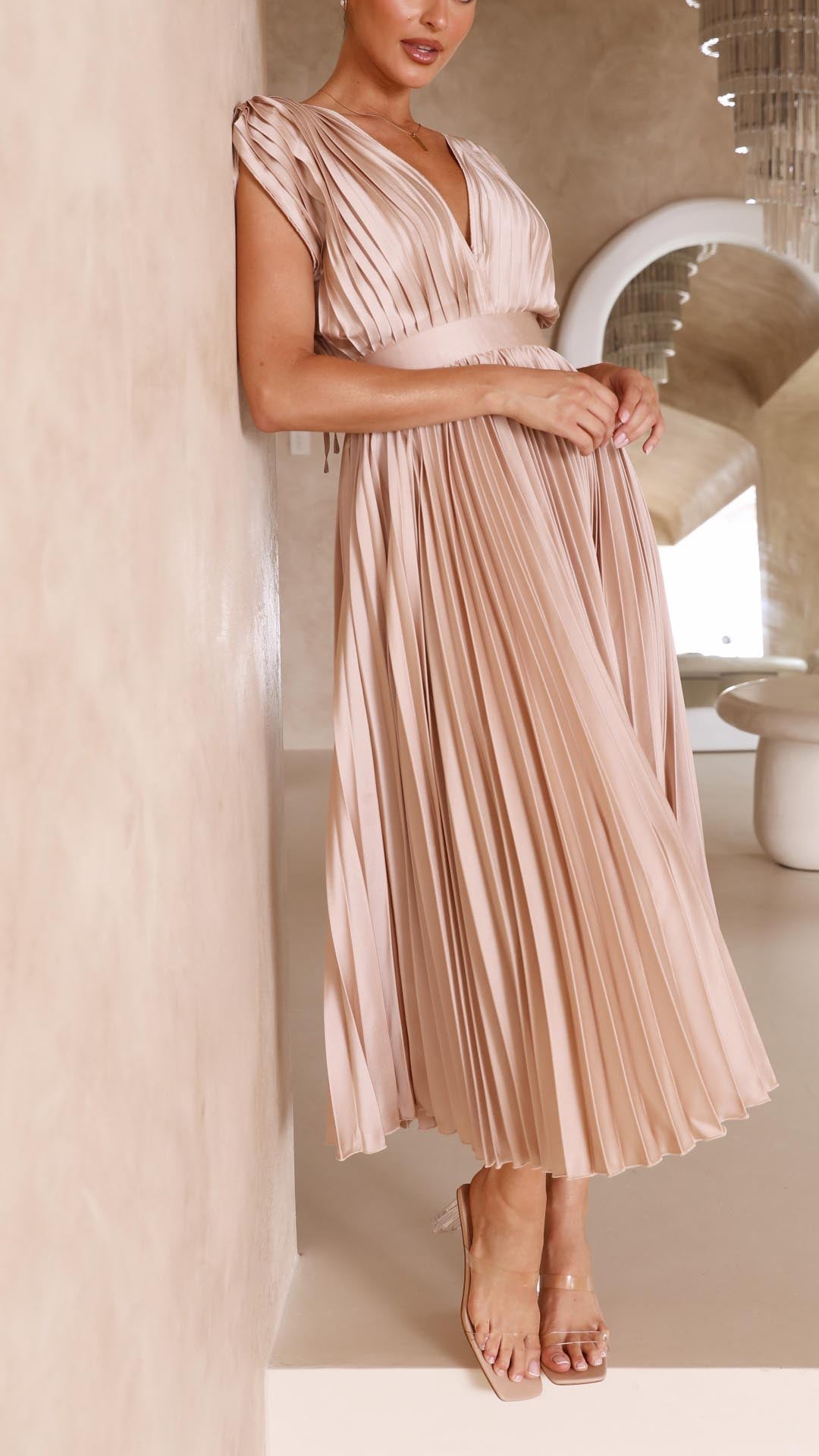 Ella | Satin Accordion Pleated Deep V Neck Midi Wedding Guest Dress