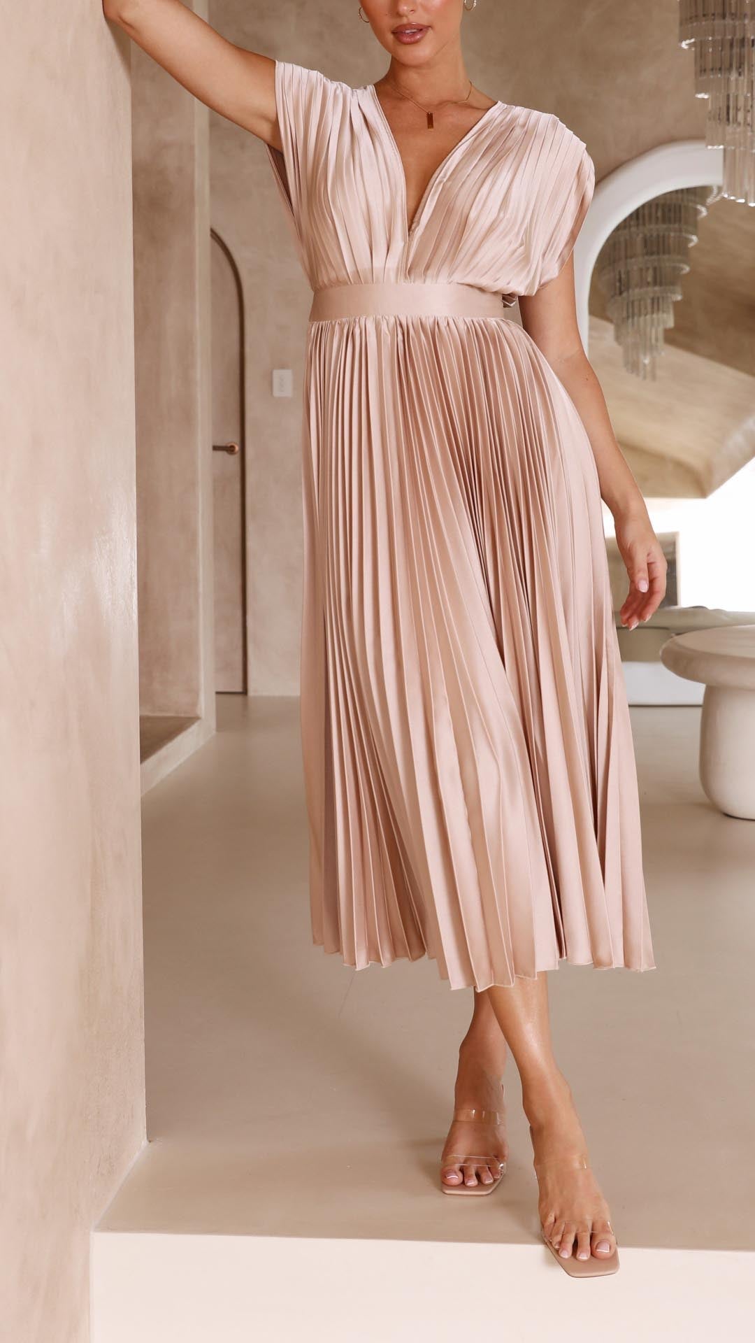 Ella | Satin Accordion Pleated Deep V Neck Midi Wedding Guest Dress