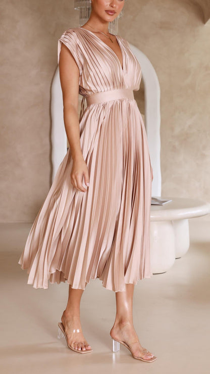 Ella | Satin Accordion Pleated Deep V Neck Midi Wedding Guest Dress
