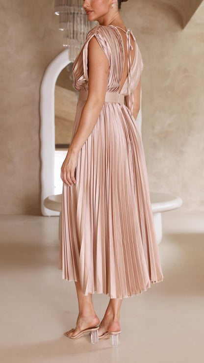 Ella | Satin Accordion Pleated Deep V Neck Midi Wedding Guest Dress