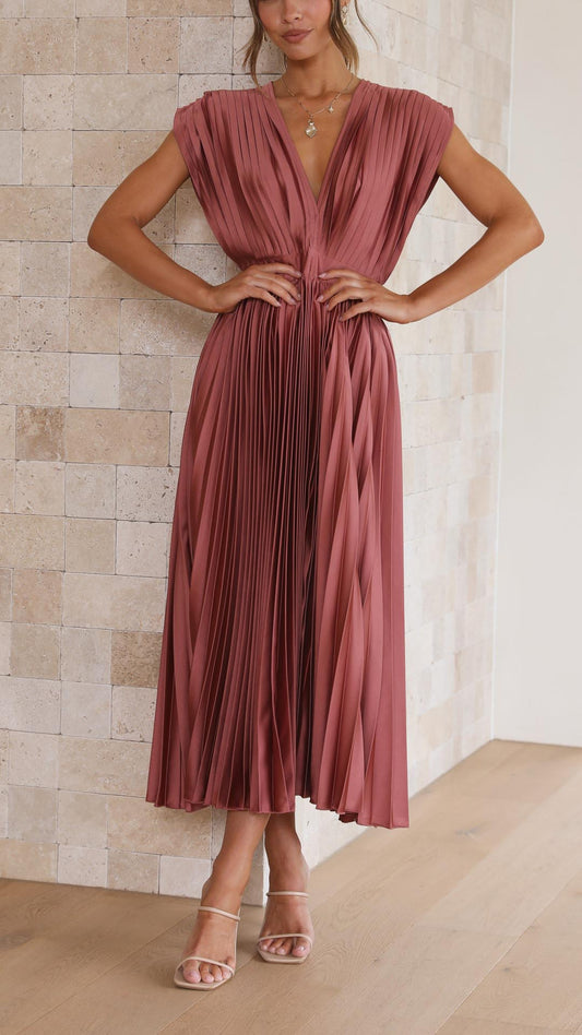 Ella | Satin Accordion Pleated Deep V Neck Midi Wedding Guest Dress