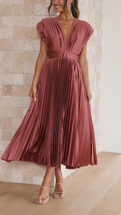 Ella | Satin Accordion Pleated Deep V Neck Midi Wedding Guest Dress
