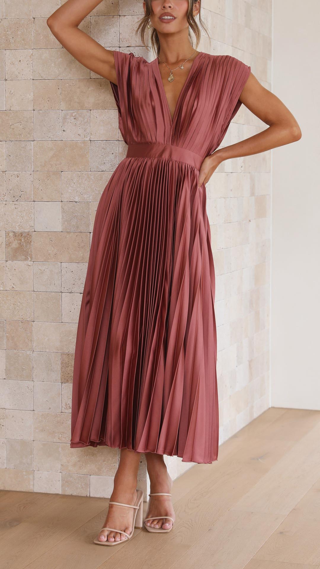 Ella | Satin Accordion Pleated Deep V Neck Midi Wedding Guest Dress