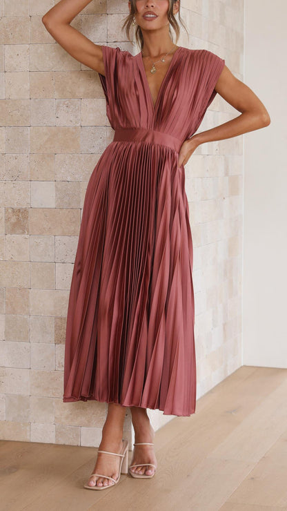 Ella | Satin Accordion Pleated Deep V Neck Midi Wedding Guest Dress