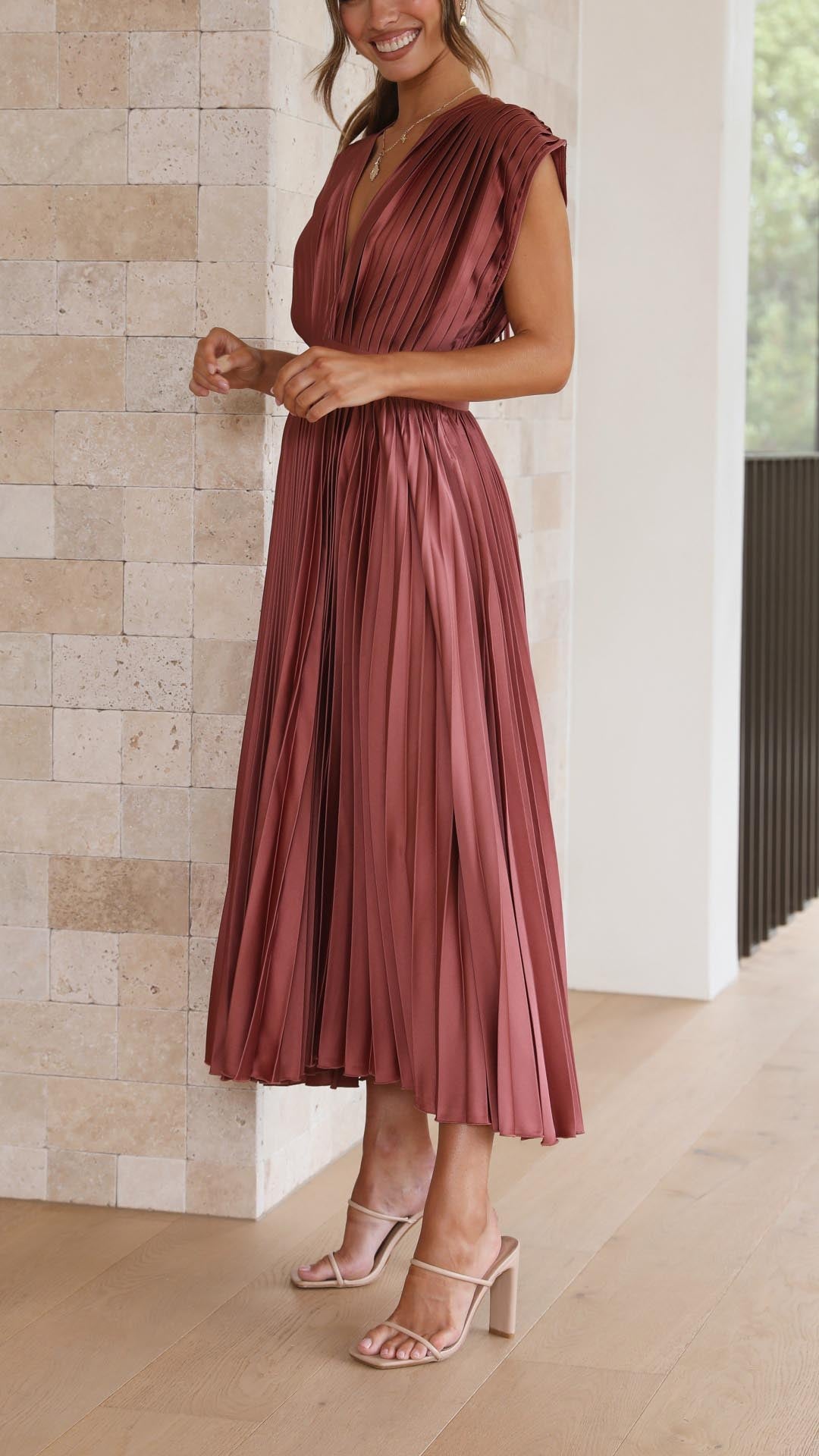 Ella | Satin Accordion Pleated Deep V Neck Midi Wedding Guest Dress
