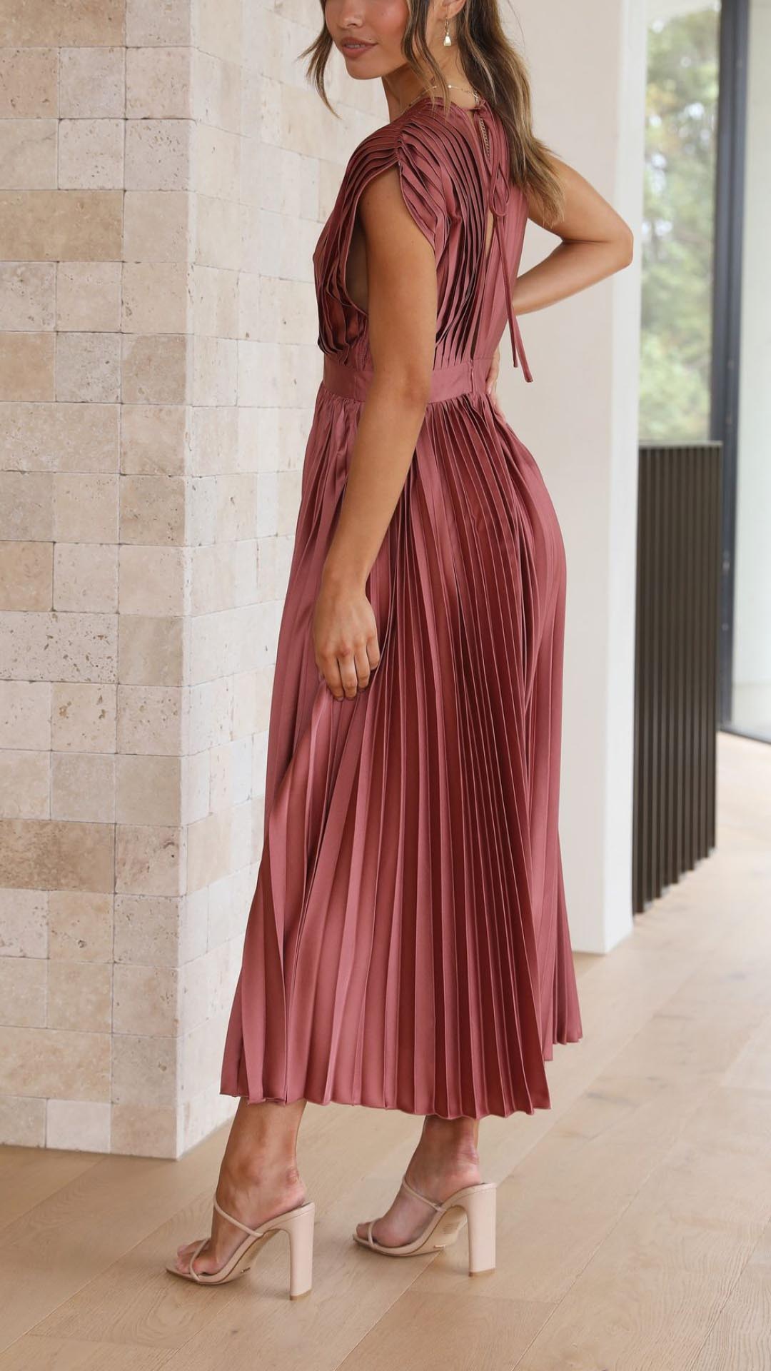 Ella | Satin Accordion Pleated Deep V Neck Midi Wedding Guest Dress