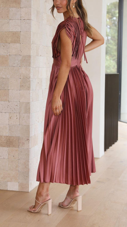 Ella | Satin Accordion Pleated Deep V Neck Midi Wedding Guest Dress