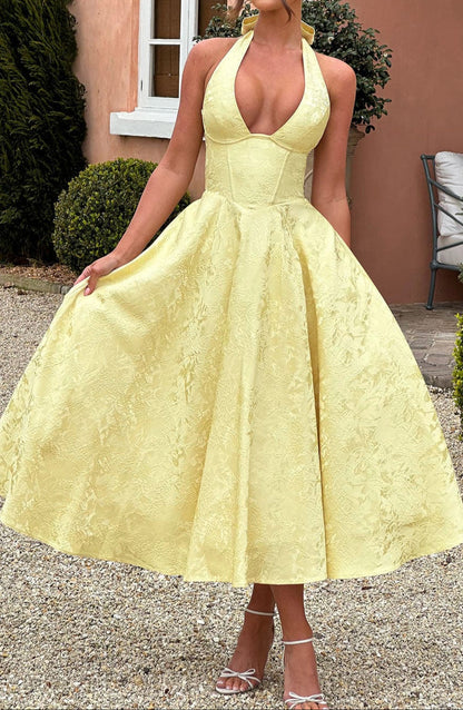 Triana | Yellow Floral Jacquard Halter Neck Midi Wedding Guest Dress
