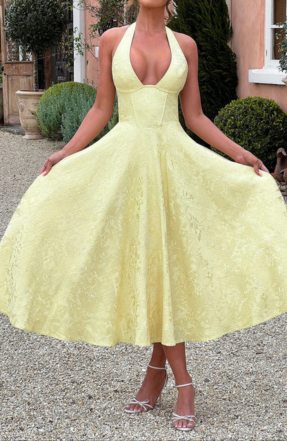 Triana | Yellow Floral Jacquard Halter Neck Midi Wedding Guest Dress