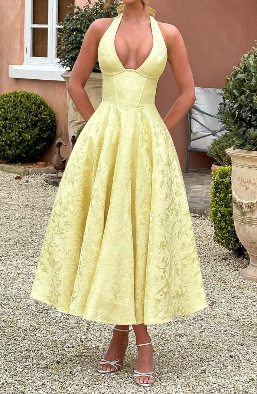Triana | Yellow Floral Jacquard Halter Neck Midi Wedding Guest Dress