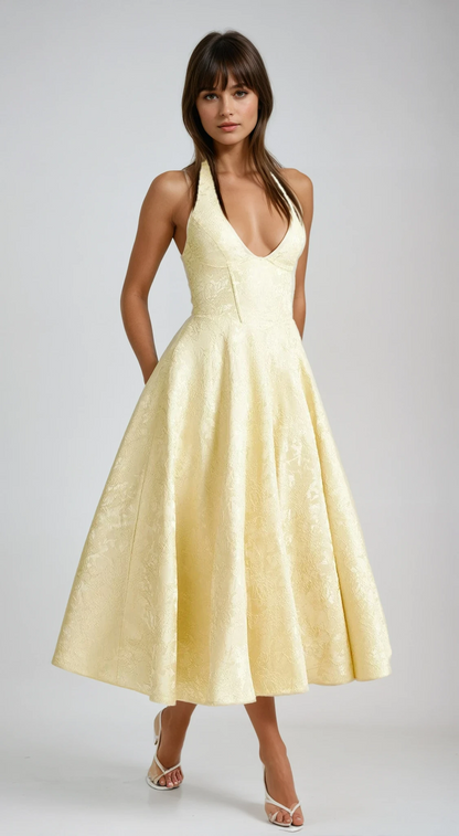 Triana | Yellow Floral Jacquard Halter Neck Midi Wedding Guest Dress