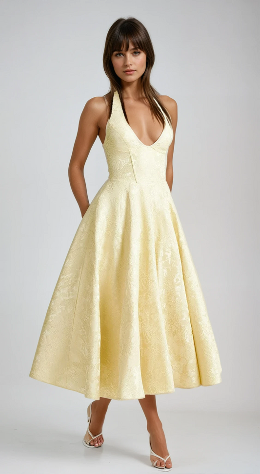 Triana | Yellow Floral Jacquard Halter Neck Midi Wedding Guest Dress