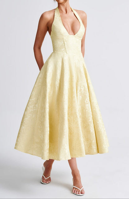 Triana | Yellow Floral Jacquard Halter Neck Midi Wedding Guest Dress